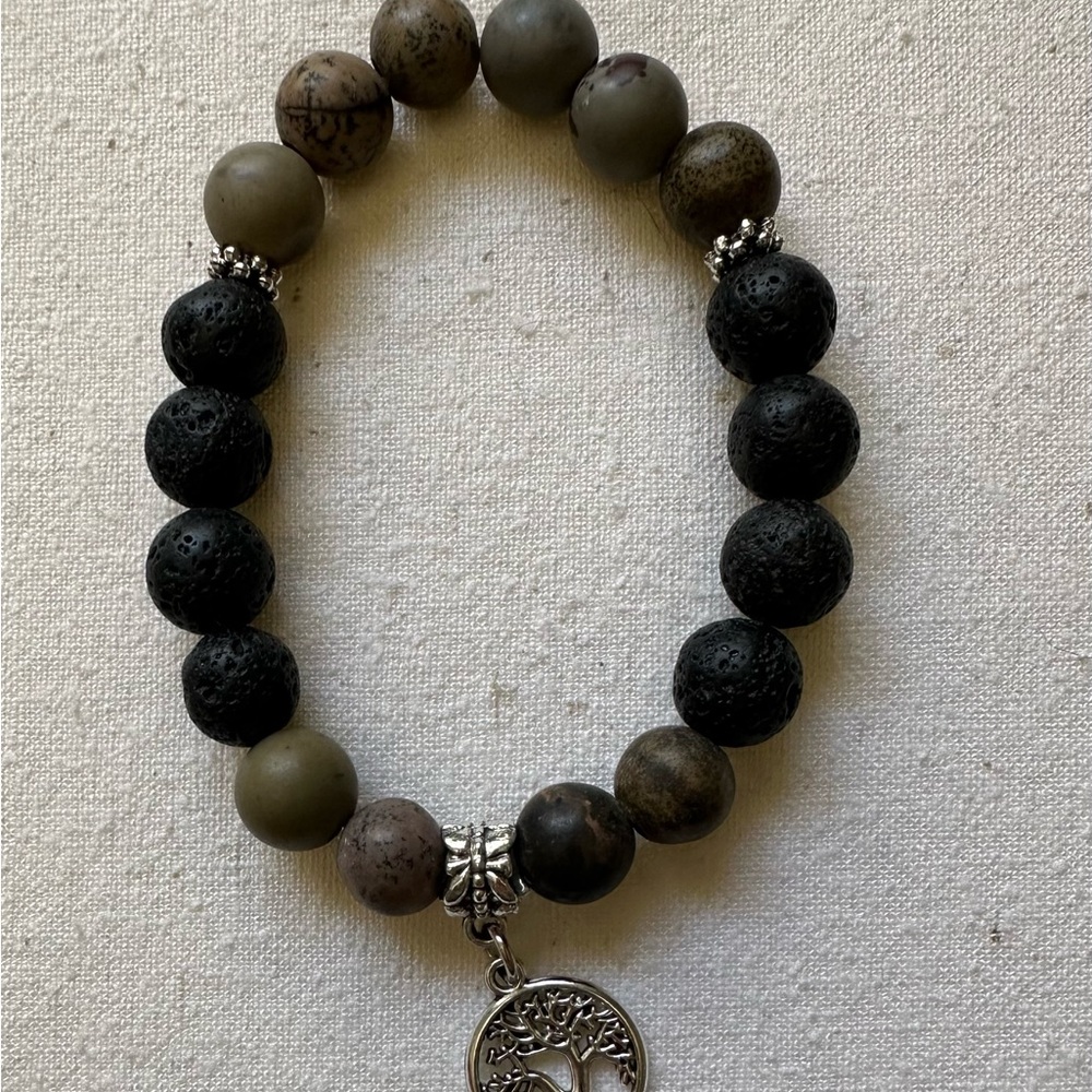 Silver Tree Charm Beaded Bracelet of Jasper on Elastic.